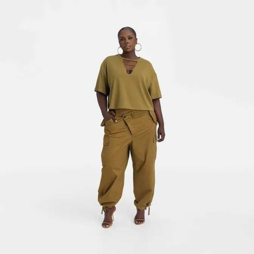 KBB by Kahlana Tan/Olive Green Asymmetric Waist Cargo Pants Streetwear XXL